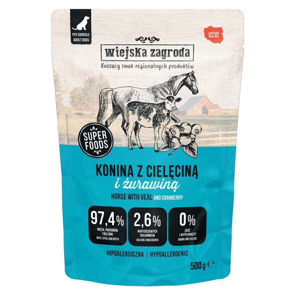 Wiejska Zagroda Karma mokra dla psa Konina z cielęciną (dorosły) 500g